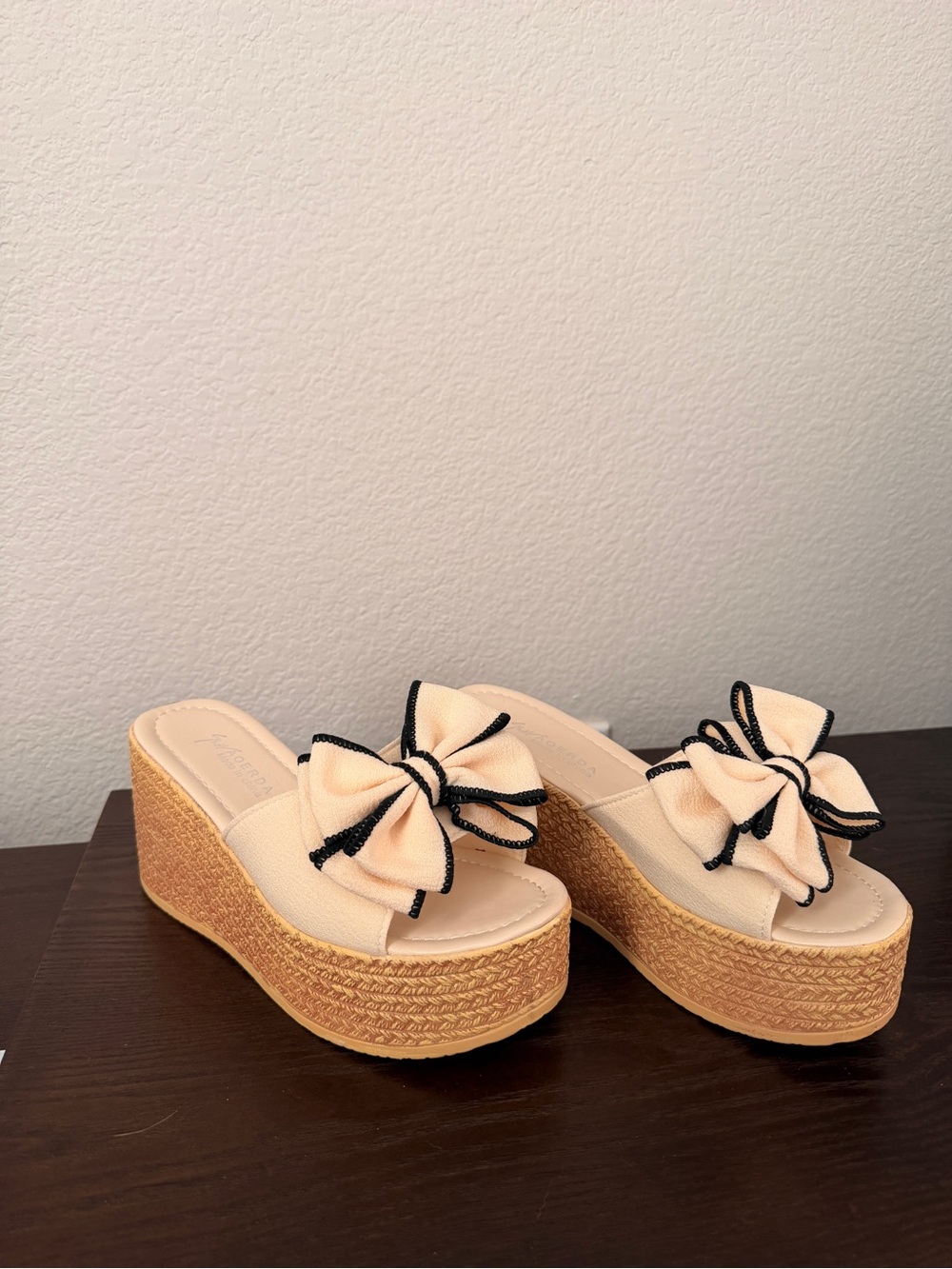 Wedge Slide Sandals with Cream Bow Accent